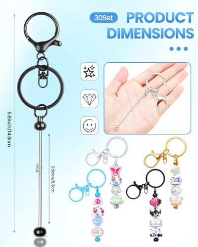 RQAYE 30pcs Beadable Keychains keychain bulk kit cute blank bead keychain strip DIY men's and women's making supplies crafts, jewelry, bag accessories, customized project gifts (Black) - Image 2