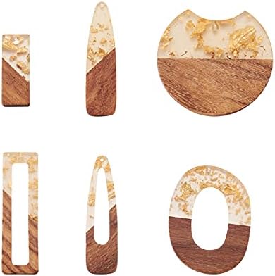 FASHEWELRY 12Pcs Resin & Walnut Pendants 6 Styles Rectangle Oval Bullet Geometry Vintage Resin Wood Statement with Foil for Jewelry Making by FASHEWELRY