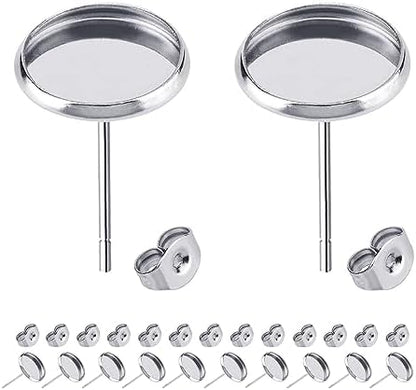 BEADNOVA Stud Earring Kit 30pcs Blank Stud Earring 12mm Stainless Steel Cabochon Setting Ear Post with Stainless Steel Backs for Cabochon Resin DIY Earstud Making (12mm, 30pcs) by BEADNOVA