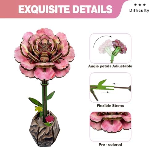 3D Wooden Flower Puzzles, DIY Kits Carnation Wooden Flower Crafts Set, Artificial Flower Model Kit to Assemble, Vase Puzzles for Adults - Image 3