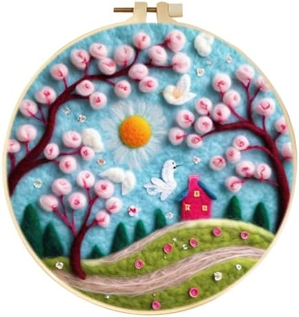 CaptainCrafts Needle Felting Kit, Wool Felt Supplies, Embroidery Hoops, Wool Painting Tools Needle Felting Starter Kit for DIY Decoration (Pink Blossoms Happy Garden) by CaptainCrafts