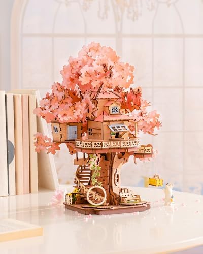 ROBOTIME DIY Miniature House Kits for Adults, 3D Wooden Puzzles for Teenager, Japanese Cherry Blossom Tree Sakura Bonsai Plants for Birthday Gifts and Hobbies (Sakura Tree House) - Image 4