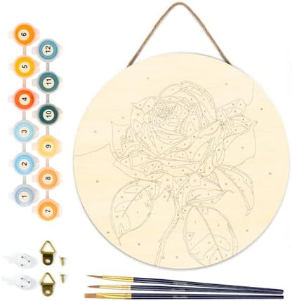 Figured'Art Paint by Numbers Kit for Adults on Wood Slice, 11.8in Diameter - Red Rose - Craft Art Painting DIY Canvas - Image 6