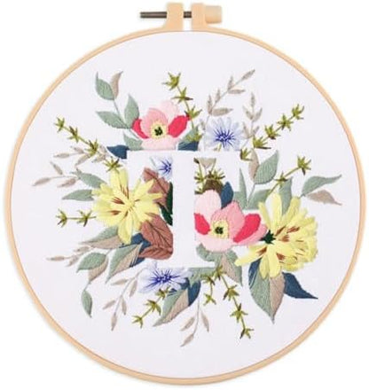 IUHUI Embroidery Kit for Beginners Adults - 26 Floral Letters Easy Patterns, DIY Hand Stitching Embroidery Set with Hoop (Flower and Grass Letter T) by Unknown