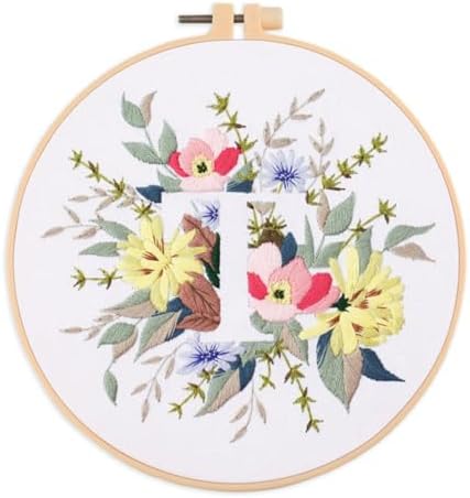 Abillyn Embroidery Starter Kit English Letter T and Flowers Stamped with Printed Pattern Cross Stitch Embroidery Kits (Letter T) by Abillyn