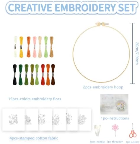 FREEBLOSS 6 Sets Embroidery Kit for Beginners Needlepoint Embroidery Starter Kit with Cactus Stamped Patterns, Instructions, Colored Threads, 2 Hoops 11.6"/29.5cm - Image 2