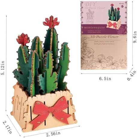3D Wooden Flower Puzzle Kit for Adults | DIY Botanical Bouquet Building Set with Adjustable Vase | Home Decor & Stress Relief Gift-Cactus (50PCS) - Image 2