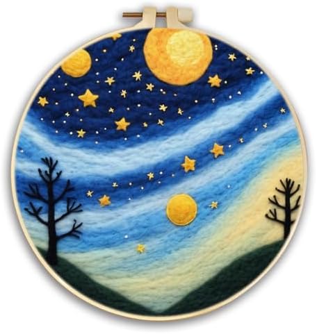 CaptainCrafts DIY Needle Felting Starter Kit with Picture Hoop, Foam Pad, Felt Cloth, Instructions for Home Decoration, Beginner Art Craft (Moonlit Starry Sky) by CaptainCrafts