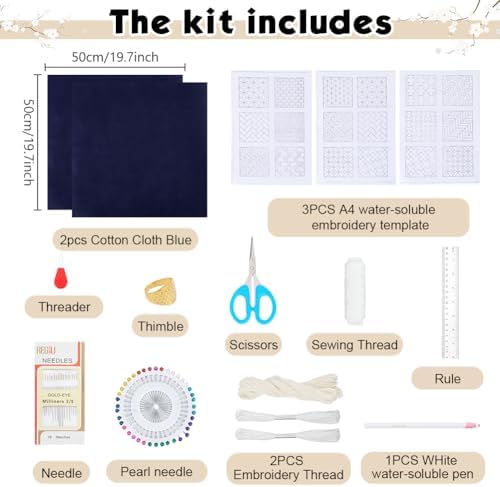 WEBEEDY DIY Sashiko Pillowcase for Beginners,Embroidery Kit with Sashiko Templates Pattern Thread Needles and Instruction,Japanese Hand Sewing Kit Embroidery Bedroom Decor Housewarming Gift - Image 2