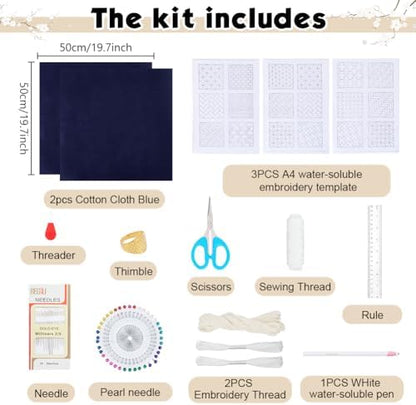 WEBEEDY DIY Sashiko Pillowcase for Beginners,Embroidery Kit with Sashiko Templates Pattern Thread Needles and Instruction,Japanese Hand Sewing Kit Embroidery Bedroom Decor Housewarming Gift - Image 2