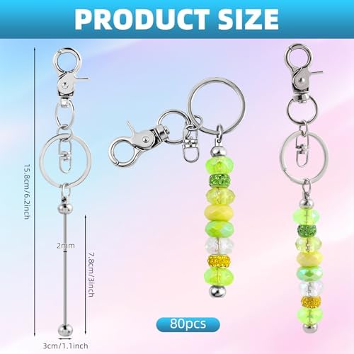 80 Pcs Beadable Keychains Bulk Kit – DIY Keychain Making Supplies with Metal Blanks for Crafts, Jewelry, Charms, Custom Projects – Blank Chain Bars for Beaded Keychain Design (Silver) - Image 2