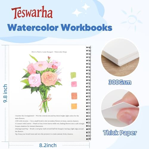 Teswarha Watercolor Workbook Using Thick Real Cotton Watercolor Paper for Adults Teens Spiral Bound 300GSM Art Paper 12 Sheets Flowers 8.2 x 9.8in - Image 3