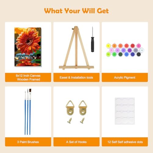 MOGTAA Daisy Paint by Numbers Kit for Adults Beginners with Frame, Landscape Adult Paint by Number Kits on Canvas with Easel, Easy DIY Flowers Oil Painting Kits for Home Decor, 8x12in - Image 5
