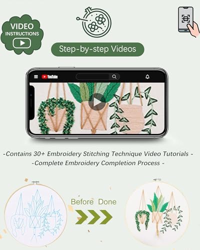 Santune 3 Sets Embroidery Kit for Beginners Needlepoint Cross Stitch Kits for Adults,Stitch Learning DIY Sets with Instruction Video,Stamped Floral Patterns,Hoop,Threads,Sewing Kit - Image 2