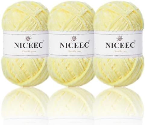 NICEEC 3 Skeins Soft Chenille Yarn 3 x85m (3X 93yds, 3X 50g)_Light Yellow by NICEEC