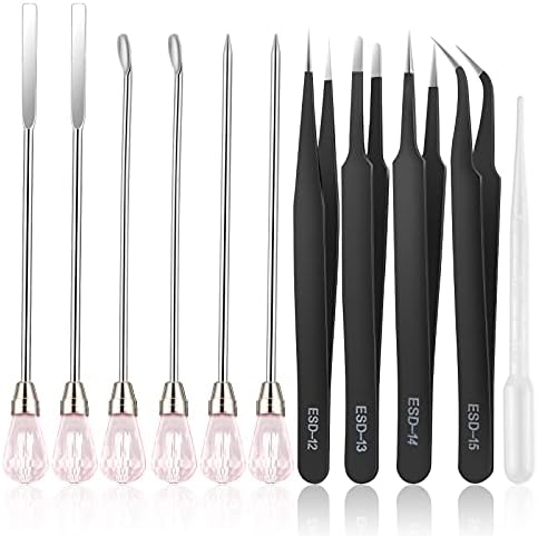 11 Pcs Resin Spoon Tools Kit-Metal Stir Sticks Resin Spoons Poke Needle with Anti-Static Stainless Steel Precision Tweezers Set for Resin Crafts,Jewelry Making,DIY Epoxy Silicone Resin Molds(Pink) by ColoryourlifewithMSDADA