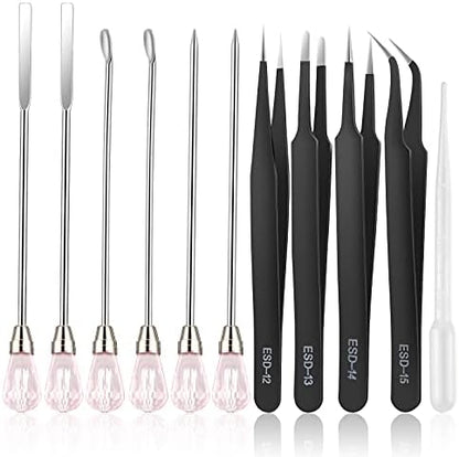 11 Pcs Resin Spoon Tools Kit-Metal Stir Sticks Resin Spoons Poke Needle with Anti-Static Stainless Steel Precision Tweezers Set for Resin Crafts,Jewelry Making,DIY Epoxy Silicone Resin Molds(Pink) by ColoryourlifewithMSDADA