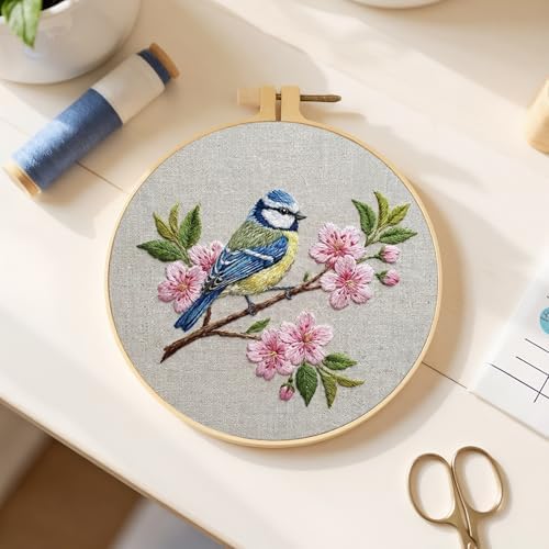 FRANDEK DIY Peach Blossom Bird Stamped Embroidery Kit with Hoop for Adults - Image 5