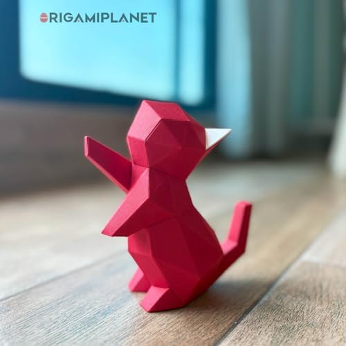 3D Origami Paper Craft Kit, Starpaw Kitten Cute DIY Pre-Cut Animal Papercraft Model for Beginners, Fun Handmade Home Decoration Gift for Adults & Teens-Red - Image 6