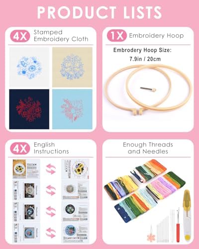 TINDTOP 4 Sets Embroidery Kit for Adults, Floral Embroidery Practice Kit for Beginners Include Embroidery Cloth Hoops Threads for Craft Lover Hand Stitch with Embroidery Skill Techniques - Image 2