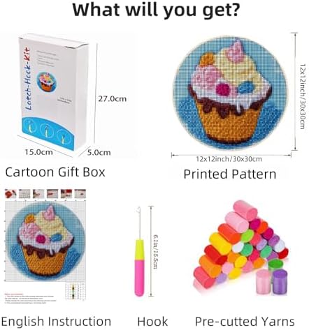 Latch Hook Mini Rug Kit Cute Ice Cream Cup Easy for Beginners Round Shape Carpet Crochet Yarn Craft DIY Hook and Latch Little Tapestry for Home Decor 30x30cm - Image 2