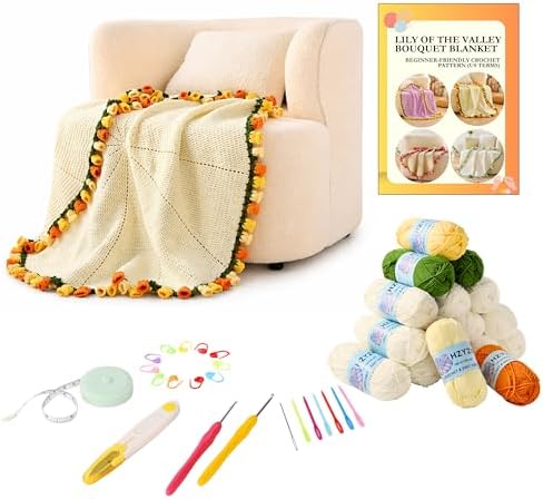 HZYZW Crochet Flower Blanket Kit for Beginners, 40'' Lily of The Valley Bouquet, Blanket Shawl Throw Kits for Adults, How to Knitting with Yarn, Home Decor Gifts for Crocheters (White-Yellow Lily) by HZYZW