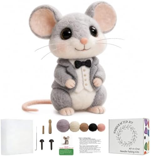 DIY Needle Felting Kit Cute Gentleman Mouse in Tuxedo – Needle Felting Starter Kit with Fiber Roving, Needles, Felting Pad & Instructions | Felted Character Animal Kit for Beginners Adults by FaceNFace