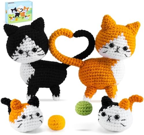 Auspicious beginning Cat Crochet Kit for Beginners-Crochet Kits 4PCS Cats Family Crochet Animals Kits with Step-by-Step Video Tutorials, Crochet Starter Kit Learn to Crochet Kits for Adults by Auspiciousbeginning
