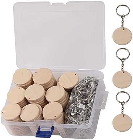 50pcs Round Wood Circles with Keychain, Blank Round-Shaped Wooden Keychain Set with 50 Wood Blanks, Open Jump Rings for DIY Crafts & Decorations by QMTSINEW