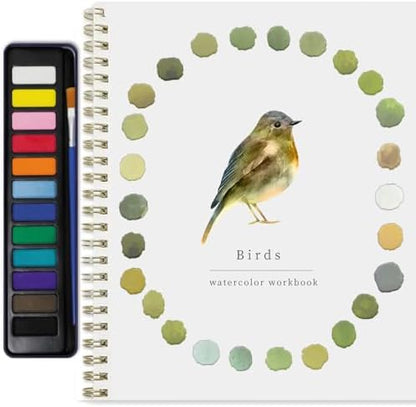 Watercolor Workbook for Adults & Beginners: 12 Colors Paint Set with Brush, Foldable Painting Kit for Brids– Ideal Gift(Birds) by Puasyto