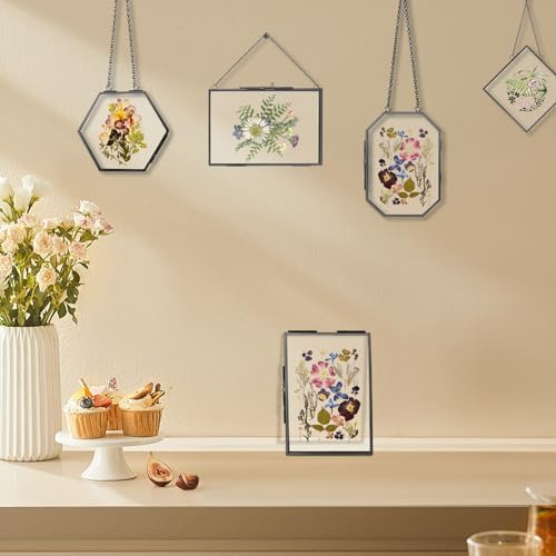 FOCHIER F 5 Pcs Pressed Flower Frames with Tweezers, Wall Hanging Tabletop Display Double Glass Frames with Metal Chain for Pressed Dried Flowers Plants, Horizontal and Vertical Picture Frame, Black - Image 6