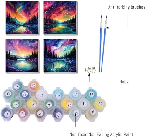 FQOVKYN 4 Pack Landscape Paint by Number for Adults Framed Canvas, DIY Aurora Arts and Crafts for Adults Beginner with Paint Brushes, Acrylic Paint Set for Home Wall Decor, 8 * 8 Inch - Image 3