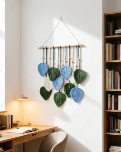 Zqyxiehuo DIY Macrame Leaf Wall Hanging Beginners Boho Wall Leaf Tapestry Kit Handmade Woven Tapestry Feather Wall Hanging DIY Macrame Kit for Adults Birthday Gift 15.8"(Green,Blue) - Image 5