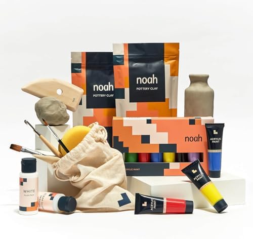 noah Pottery Kit for Beginners - Set Includes Air Dry Clay, Clay Tools and Acrylic Paints - Crafts for Adults (White Clay/Primary Paint) - Image 2