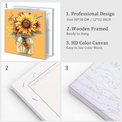 Natuyalo Framed Paint by Number Kits for Adults Beginners, Sunflower in Vase Easy Acrylic Adult Paint by Number Kits, Flowers DIY Painting by Numbers Kits with Frame Ideal Gift 12x12 Inch - Image 4