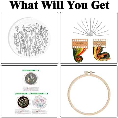 GLTAYLMY 3 Pack Embroidery Starter Kit for Beginners Stamped Cross Stitch Kits with Cute Flowers and Plants Patterns with 1 Embroidery Hoop and Color Threads for Adults - Image 2
