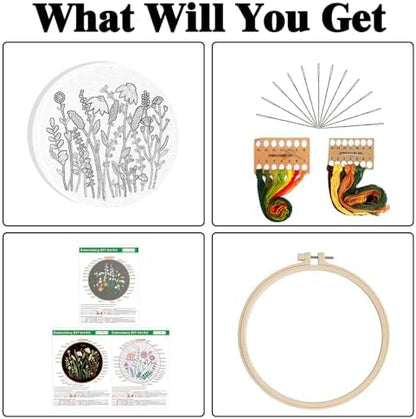 GLTAYLMY 3 Pack Embroidery Starter Kit for Beginners Stamped Cross Stitch Kits with Cute Flowers and Plants Patterns with 1 Embroidery Hoop and Color Threads for Adults - Image 2