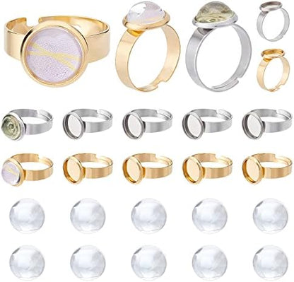 SUNNYCLUE 1 Box 40Pcs DIY 20 Sets Adjustable Stainless Steel Ring Base Clear Glass Cabochon Settings for Jewelry Making Finger Rings Blanks Components Ring Making Kit Adult Craft Supplies Mixed Color by SUNNYCLUE