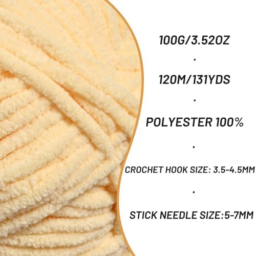 3 Pack Plush Chunky Chenille Yarn for Crocheting, Soft Fluffy Velvet Yarn for Crocheting, Fuzzy Baby Blanket Knitting Yarns, 300g/393yds Bulky Amigurumi Yarns（3 Light Yellow） - Image 2