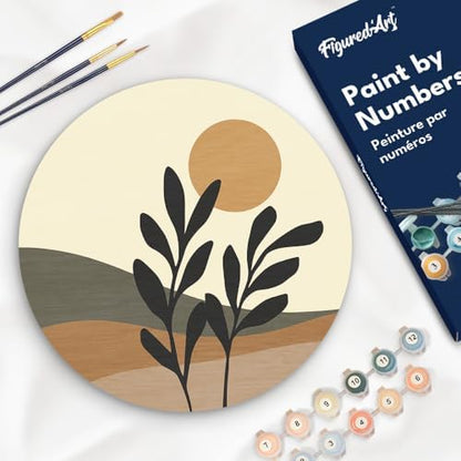 Figured'Art Paint by Numbers Kit for Adults on Wood Slice, 11.8in Diameter - Abstract Plants in The Sun - Craft Art Painting DIY Canvas by FiguredArt