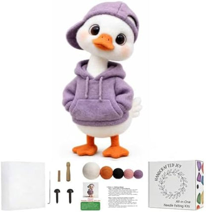 DIY Needle Felting Kit Cute White Duck in Purple Hoodie – Needle Felting Starter Kit with Fiber Roving, Needles, Felting Pad & Instructions | Felted Bird Character Kit for Beginners Adults by FaceNFace