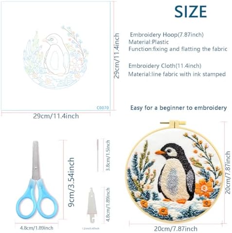 Zhenqing Penguin Embroidery Kit for Beginners, Cute Penguin Needlework Craft with Pre-Printed Cotton Fabric, Hoop, Threads & Tools, Animal Decor (C0070) - Image 5