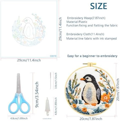 Zhenqing Penguin Embroidery Kit for Beginners, Cute Penguin Needlework Craft with Pre-Printed Cotton Fabric, Hoop, Threads & Tools, Animal Decor (C0070) - Image 5