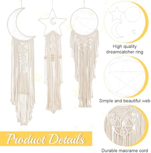 Macrame Kits for Adults Beginners Easy 3 Set Moon Star Craft Kits DIY Dream Catcher Kit with Instructions Video Macrame Wall Hanging Supplies Dream Catcher Kit for Room Wall Decoration - Image 3
