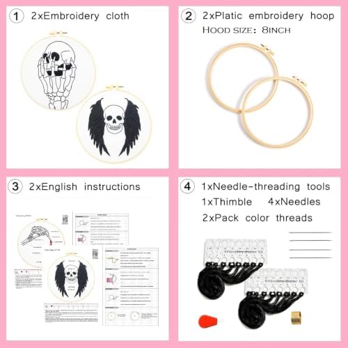 Skull Halloween Embroidery Kits for Beginners Adults, Gothic Embroidery Sets Needlepoint Kits, Halloween Stamped Cross Stitch Kits for Beginners Adults, 2 Embroidery Hoops (Attached Video Tutorial) - Image 6