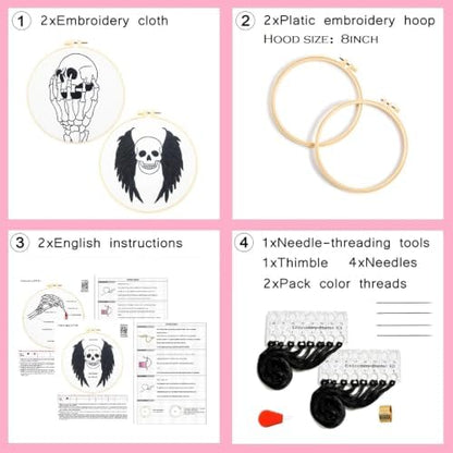 Skull Halloween Embroidery Kits for Beginners Adults, Gothic Embroidery Sets Needlepoint Kits, Halloween Stamped Cross Stitch Kits for Beginners Adults, 2 Embroidery Hoops (Attached Video Tutorial) - Image 6