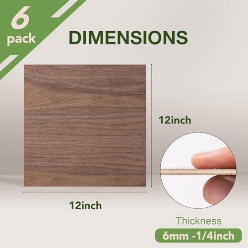 Rowood 6 Pack Walnut Plywood 1/4,12x12x1/4inch,Thin 6mm Unfinished Plywood for Laser Cutting & Engraving,DIY Adult Craft Project Kits for Ornaments, Models Drawing,Wood Burning - Image 2