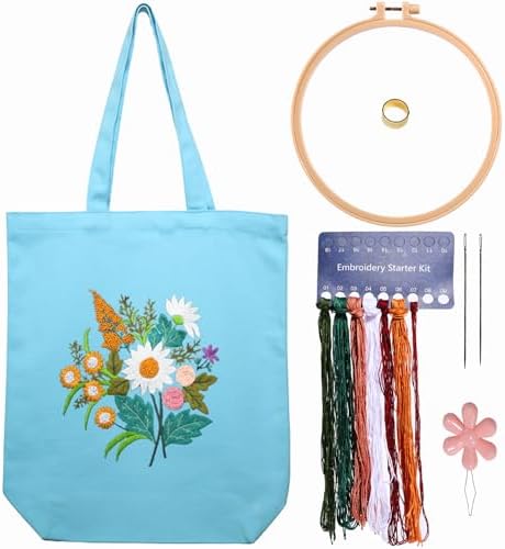 Canvas Tote Bag Embroidery Kit with Pattern for Beginners, Arts and DIY Embroidery Crafts Kits for Adults, Instructions, thimble, Embroidery Hoops, Color Threads (lightblue, CR002 chenhuicaoxin) by Unknown