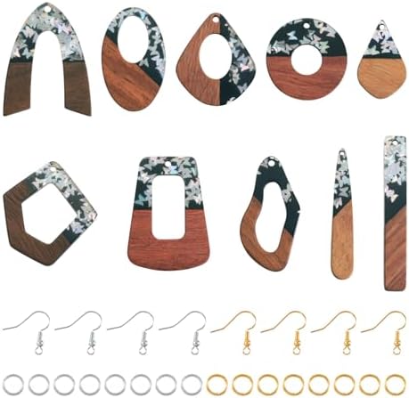 10 Pairs Wood Resin Pendants Vintage Resin Walnut Wood Charms Silver Sequins Charms Rectangle Oval Teardrop Wooden Dangle Earring Making Kit with Earring Hooks for Bohemian Jewelry by EEEELECRELIVE