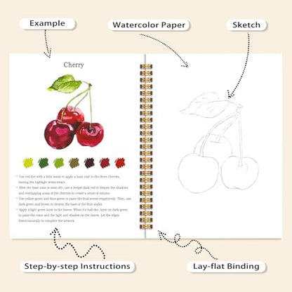 Easy Fruit-Themed Watercolor Workbook for Beginners, Water Coloring Book, 12 Different Patterns of DIY Designs, 18 Colors Watercolor Paint Set, Stress Relieving Relaxing Art Gift for Adulta Teen - Image 4